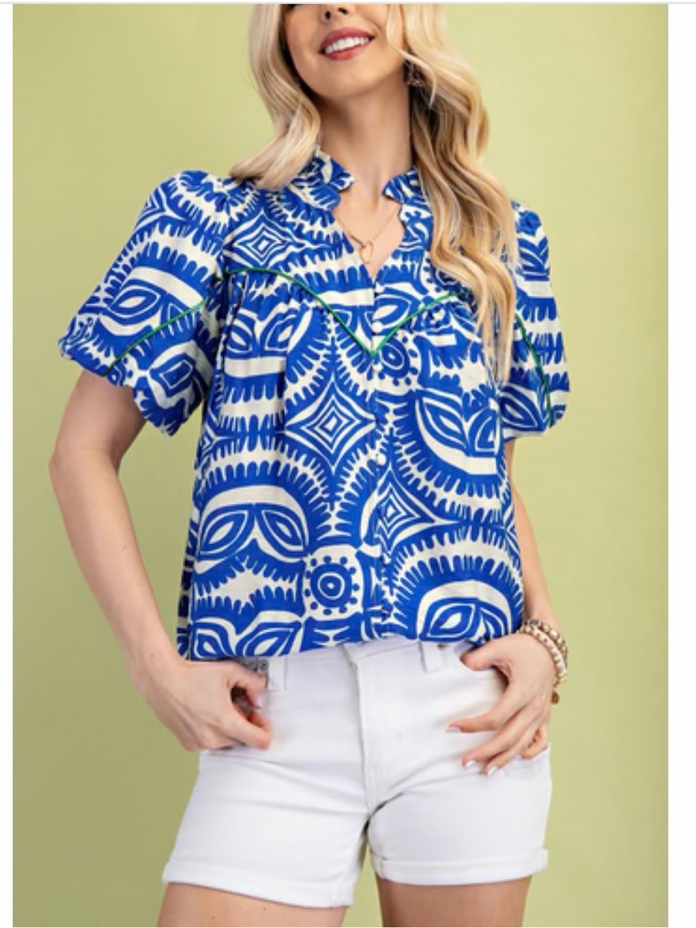 Gigio Blue & White Printed Short Sleeve V-Neck Button Tunic Top NWT